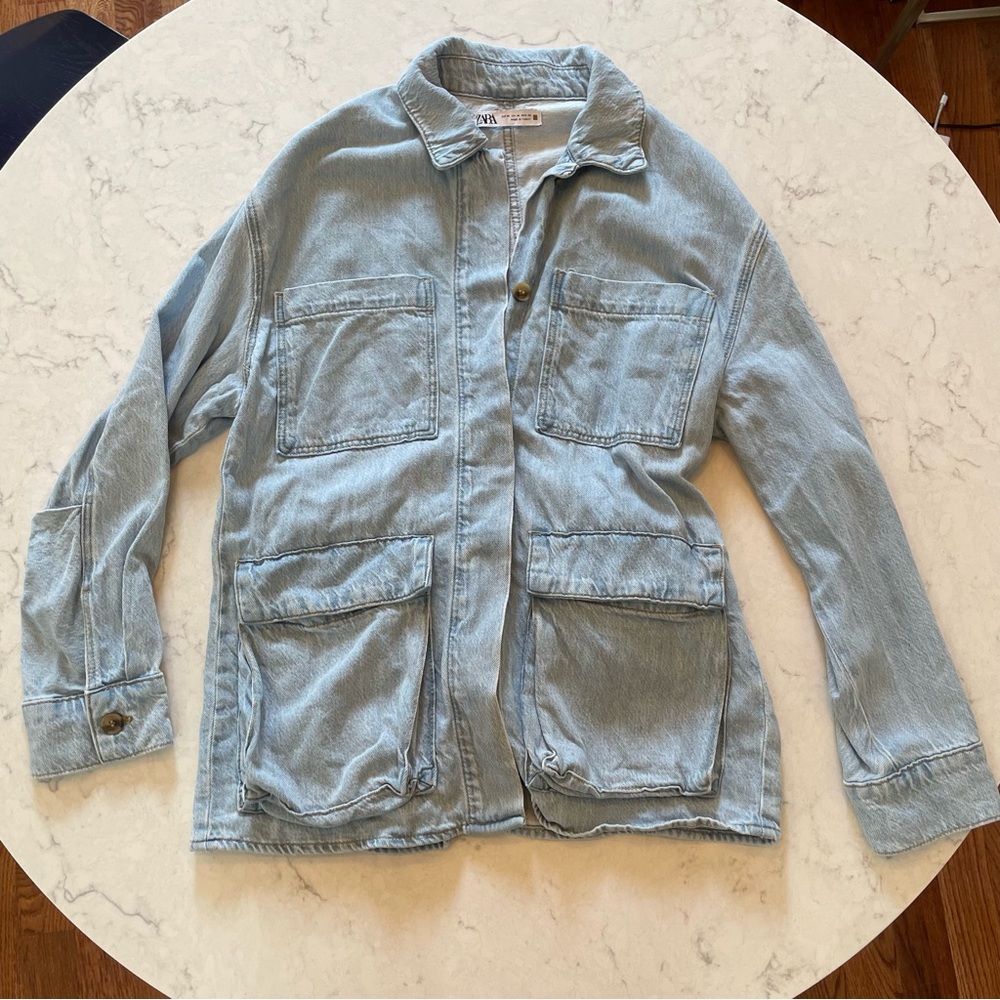 Zara ๐ Denim Oversized Cargo Shirt Jacket with Belt Size M - Picture 5 of 12